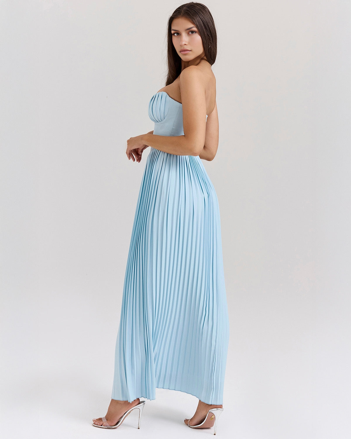 Strapless Sweetheart Accordion Pleat Corset Waist Maxi Dress