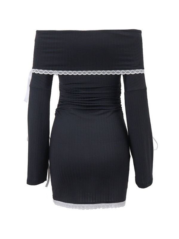 Off Shoulder Rib Knit Lace Trim Ribbon Bow Long Sleeve Mini Dress