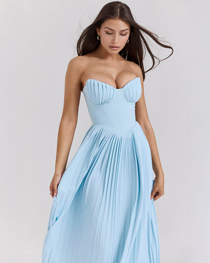 Strapless Sweetheart Accordion Pleat Corset Waist Maxi Dress