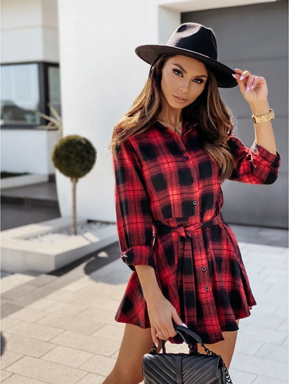 Spread Collar Button Front Plaid Tie Waist Shirt Dress