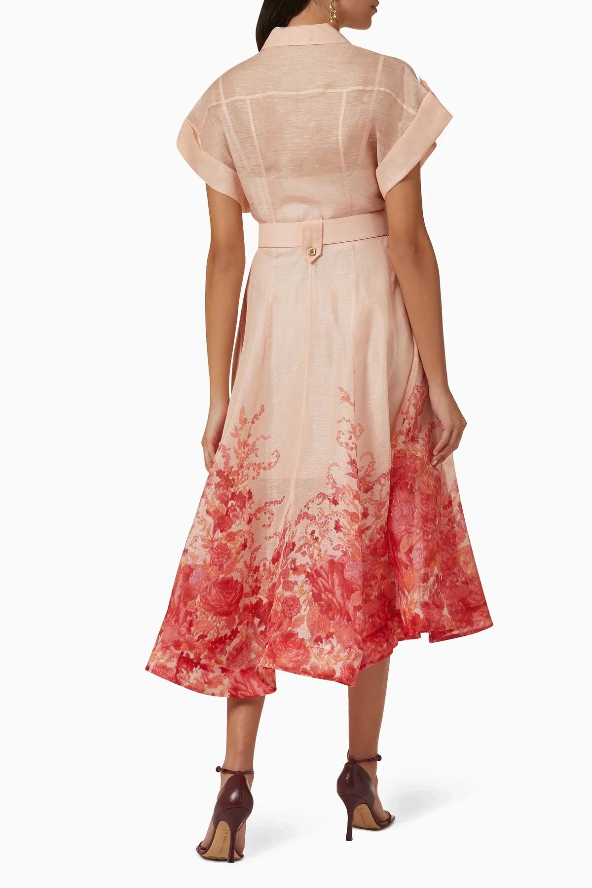 Collared Short Sleeve Chest Pocket Belted Floral Border Midi Shirt Dress