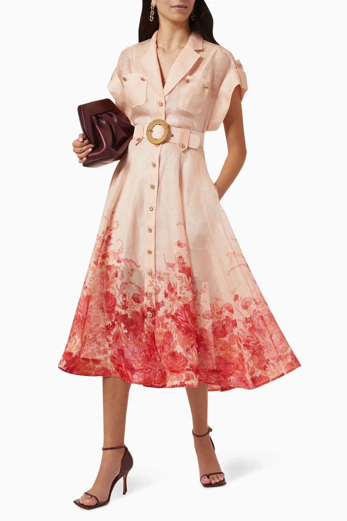 Collared Short Sleeve Chest Pocket Belted Floral Border Midi Shirt Dress