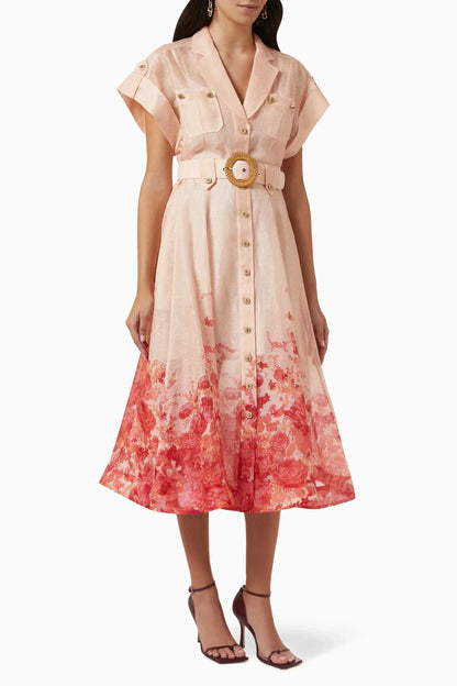 Collared Short Sleeve Chest Pocket Belted Floral Border Midi Shirt Dress