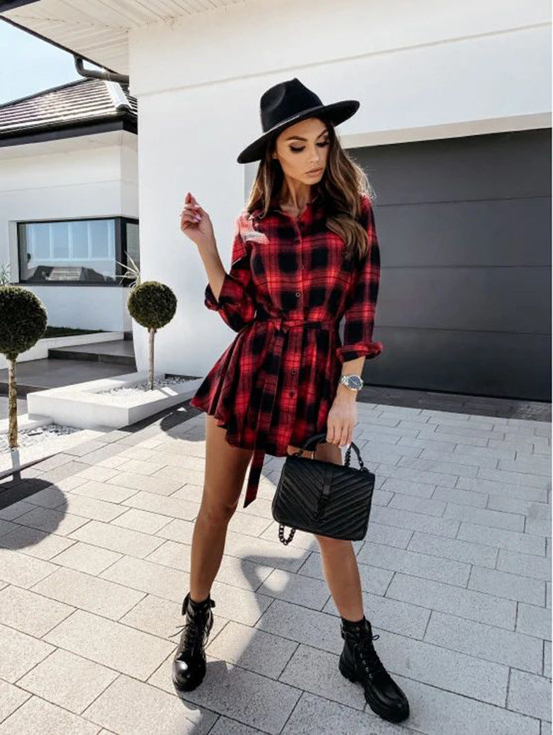 Spread Collar Button Front Plaid Tie Waist Shirt Dress