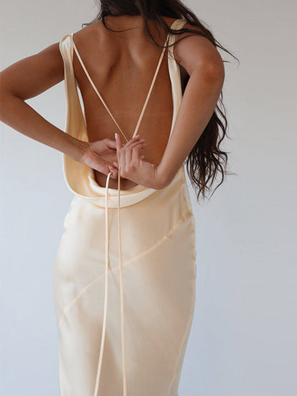 Spaghetti Strap Criss Cross Tie Back Cowl Back Satin Maxi Dress