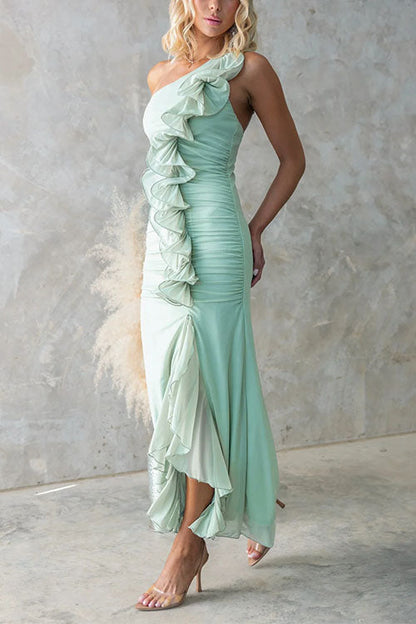 One Shoulder Slit Ruched Ruffle Mesh Maxi Dress