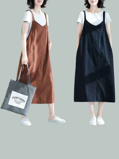Spring Summer Loose Large Size Sseeveless Midi Dress