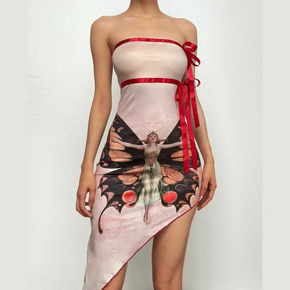 Butterfly Print Ribbon Trim Asymmetrical Hem Tube Mini Dress