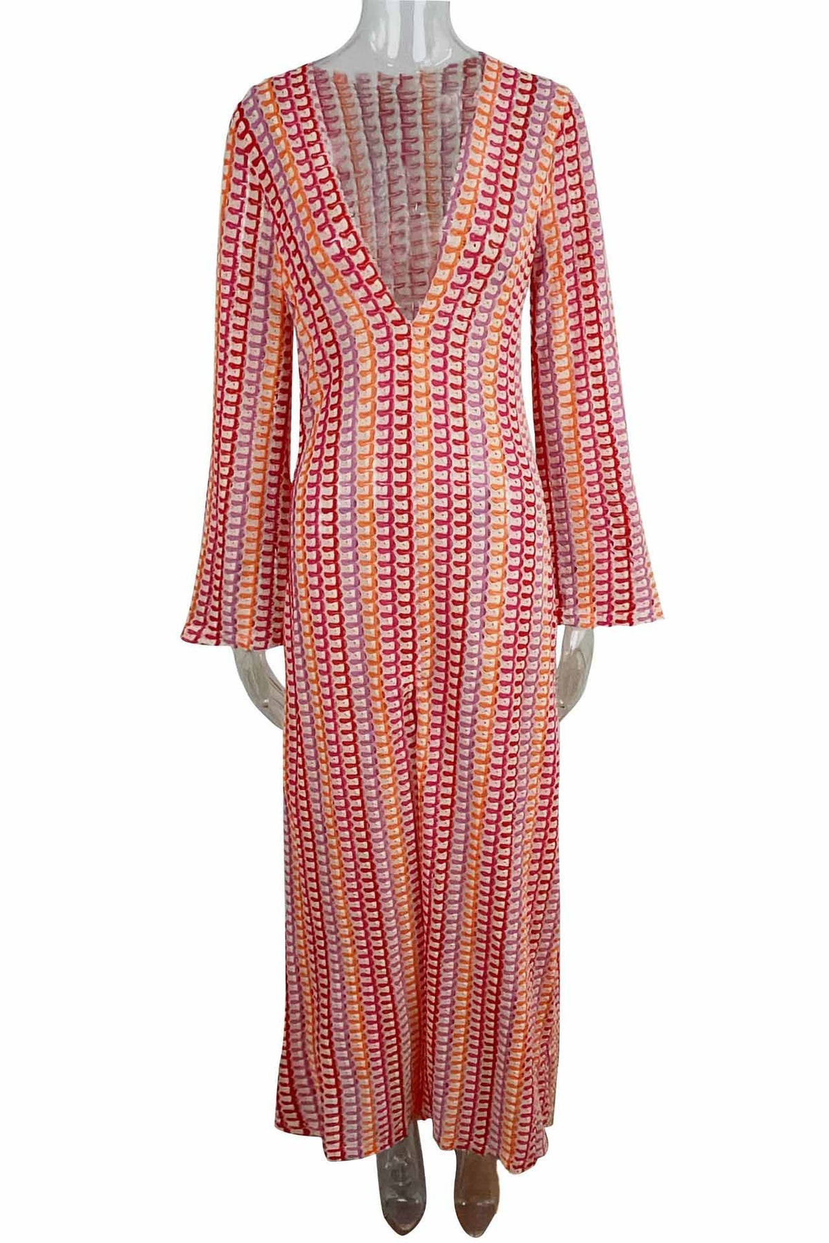 Scallop Circle Print Deep V-Neck Long Sleeve Front Slit Maxi Dress