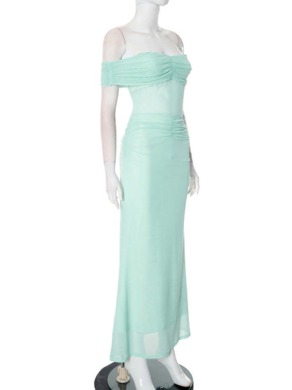 Off Shoulder Mesh Midriff Panel Ruched Waist Column Maxi Dress