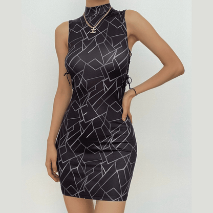Mock Neck Geometric Print Side Lace Up Bodycon Mini Dress