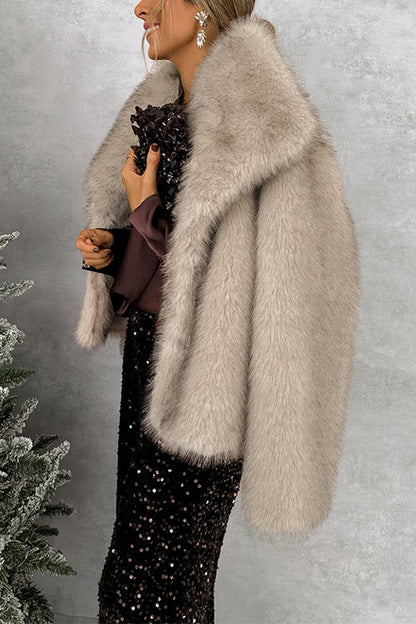 Collared Open Front Winter Faux Fur Coat