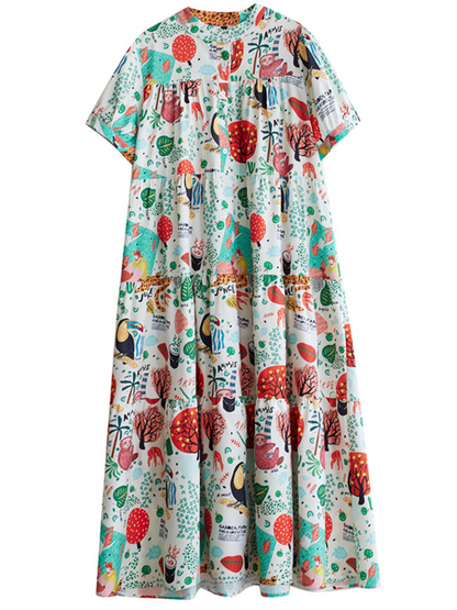 Mandarin Collar Short Sleeve Tiered Novelty Print Maxi Dress