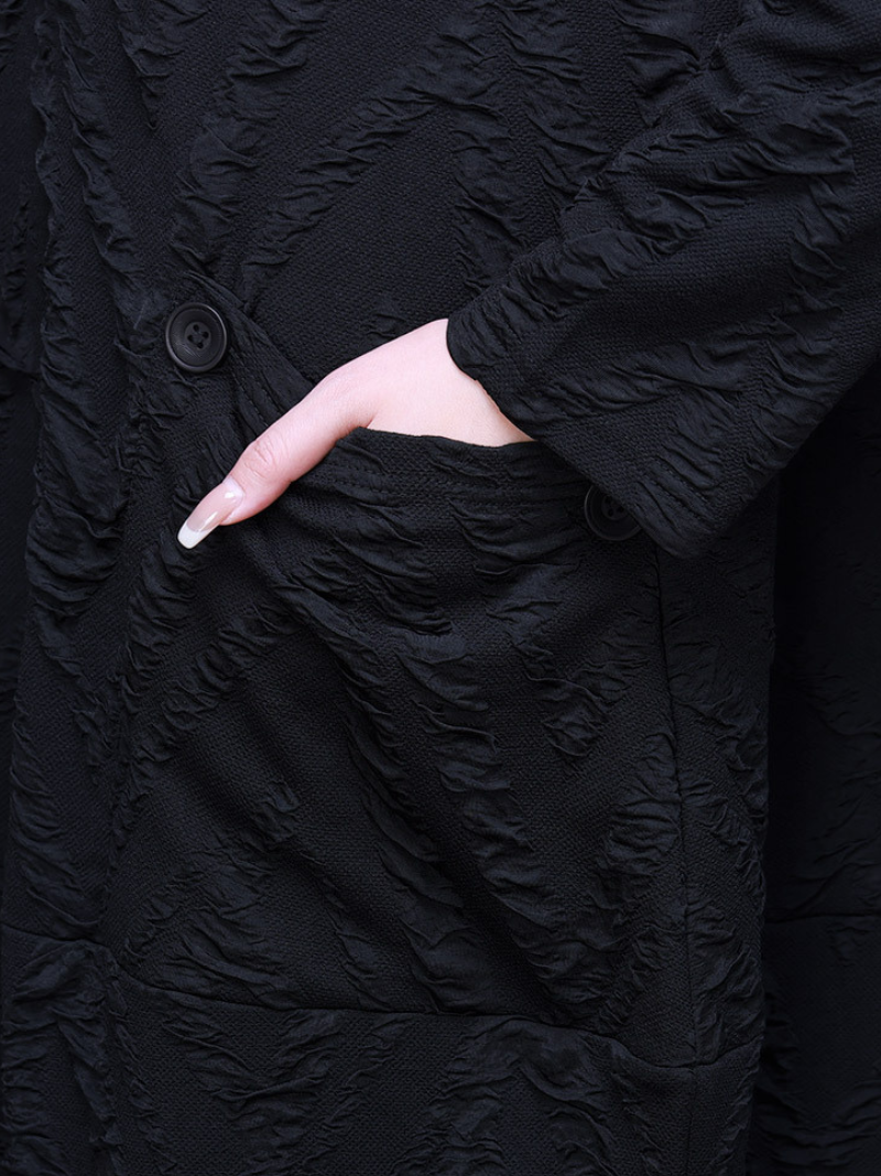 V Neck Long Sleeve Chevron Crinkle Texture Patch Pocket Midi Dress