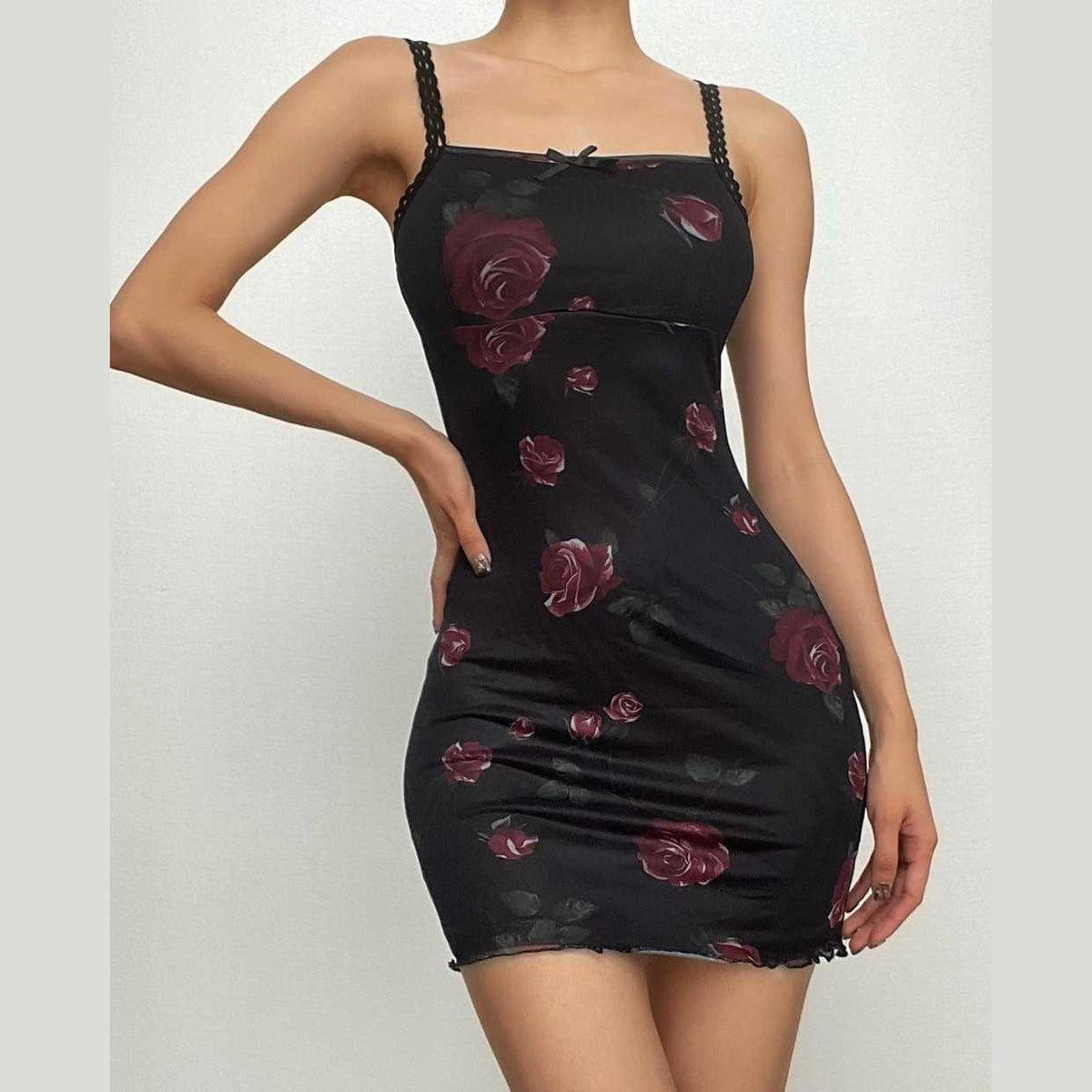 Square Lace Trim Neck Bow Large Floral Lettuce Hem Mini Dress