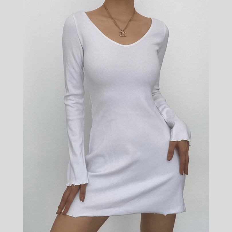 Rib Knit Scoop Neck Long Sleeve Lettuce Hem Ruffle Mini Dress