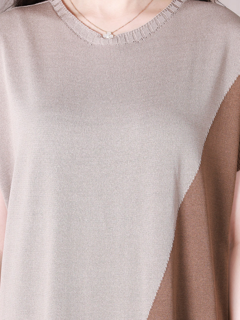 Crew Neck Short Sleeve Diagonal Color Block Knit Midi Dress