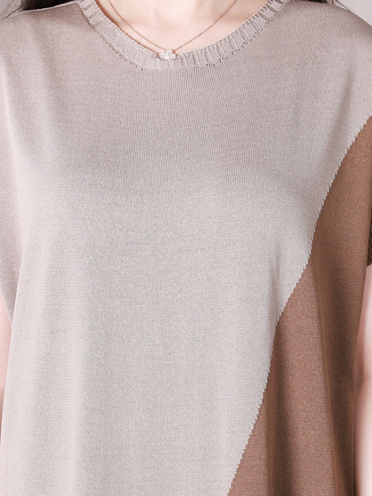 Crew Neck Short Sleeve Diagonal Color Block Knit Midi Dress