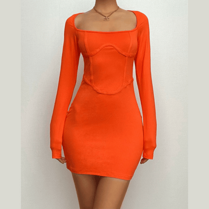 Square Neck Corset Seam Piped Long Sleeve Bodycon Mini Dress