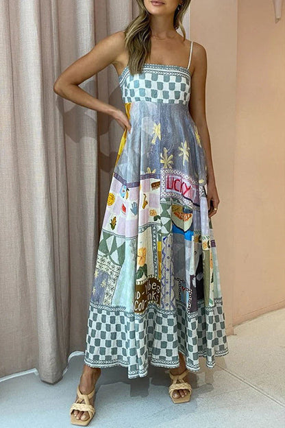 Spaghetti Strap Square Neck Illustrative Print Empire Waist Midi Dress