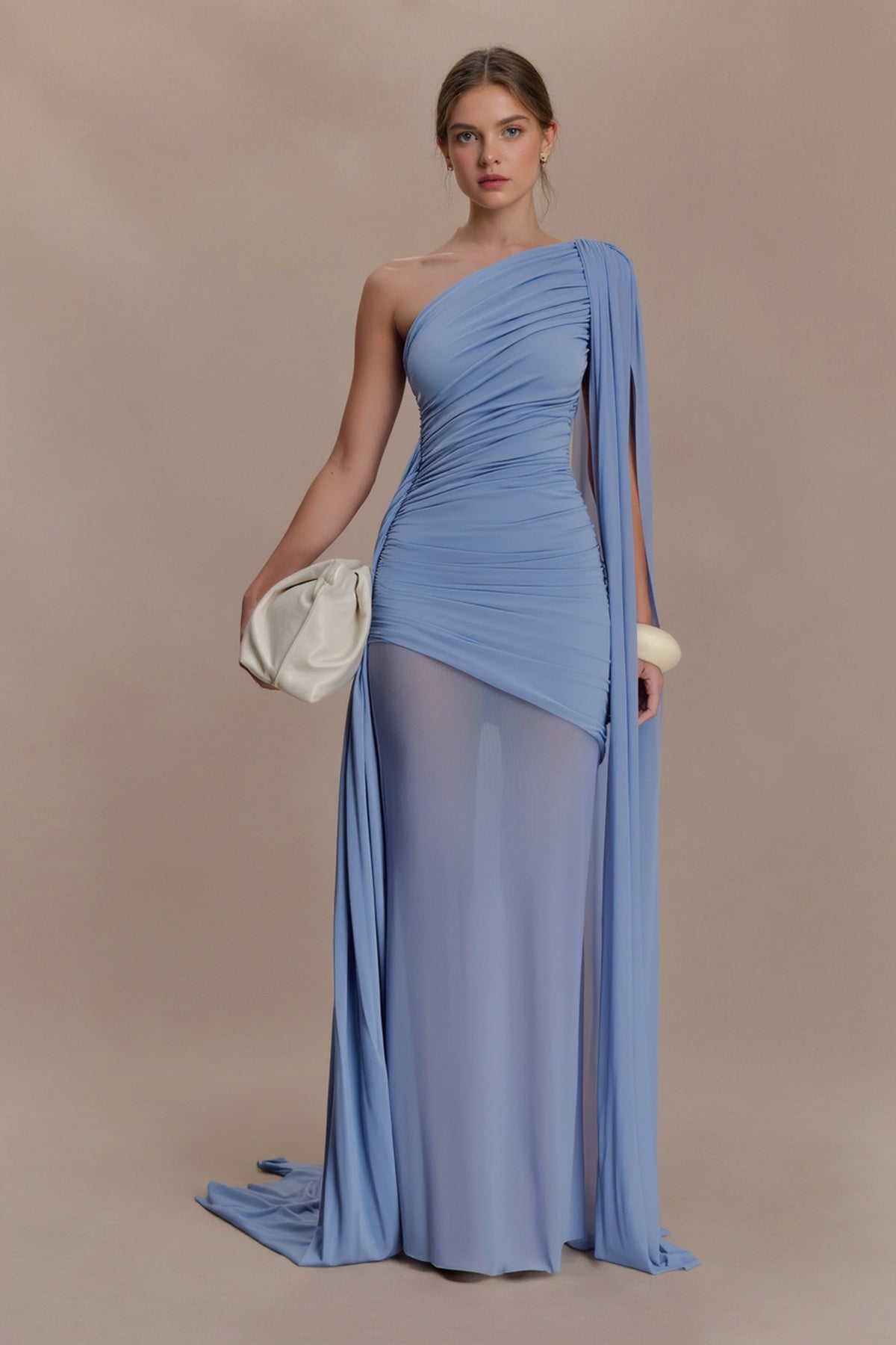 Elegant Mesh Paneled One Shoulder Cape Fitted Party Dress