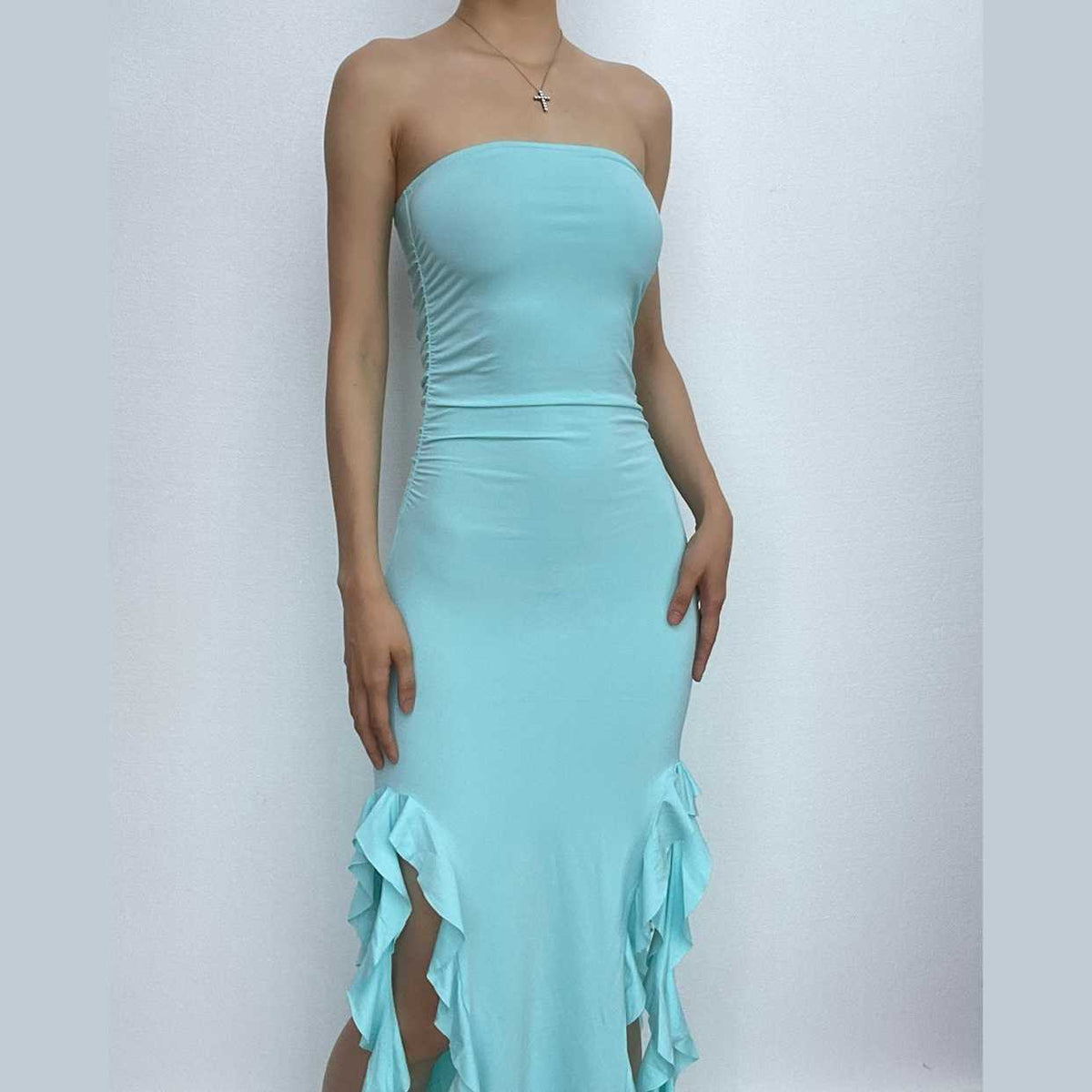 Strapless Ruched Double Slit Ruffle Hem Midi Dress