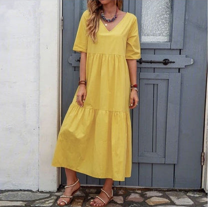 V Neck Short Sleeve Tiered Flowy Midi Dress