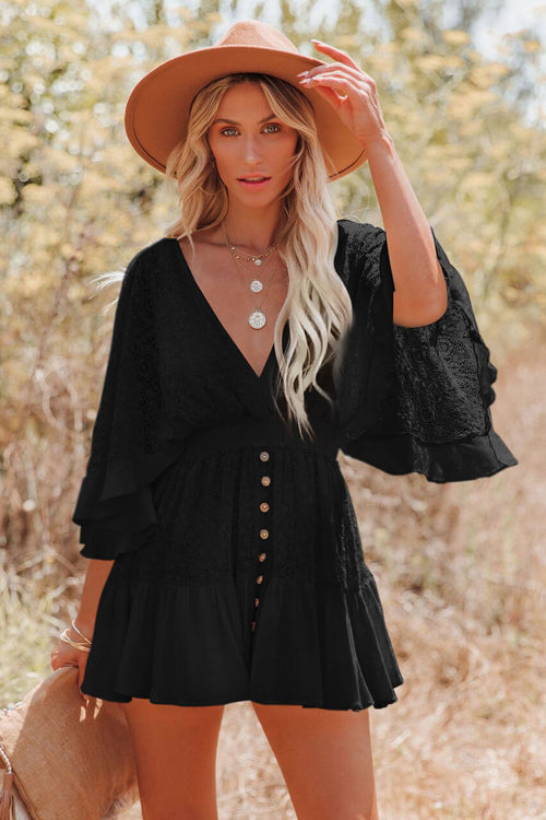 Lace Deep V-Neck Bell Sleeve Smocked Waist Button Front Ruffle Hem Mini Dress
