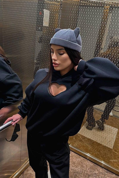 Solid Long Sleeve Heart Cutout Hoodie