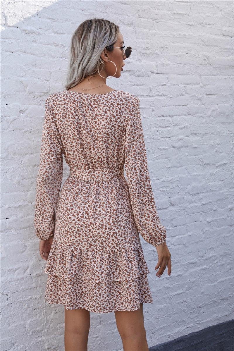 Deep V Neck Long Bishop Sleeve Tie Waist Ditsy Floral Mini Dress
