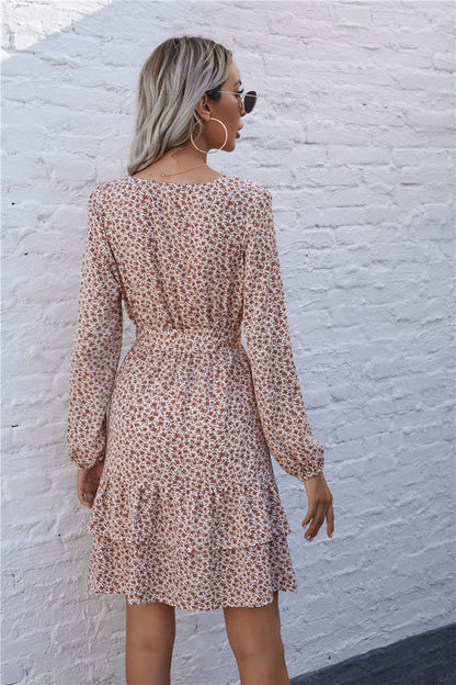 Deep V Neck Long Bishop Sleeve Tie Waist Ditsy Floral Mini Dress