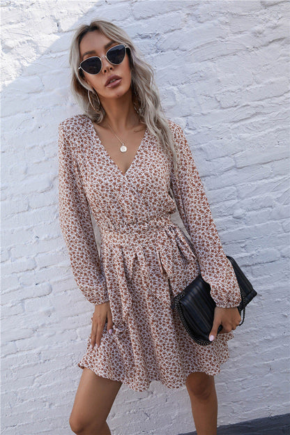 Deep V Neck Long Bishop Sleeve Tie Waist Ditsy Floral Mini Dress