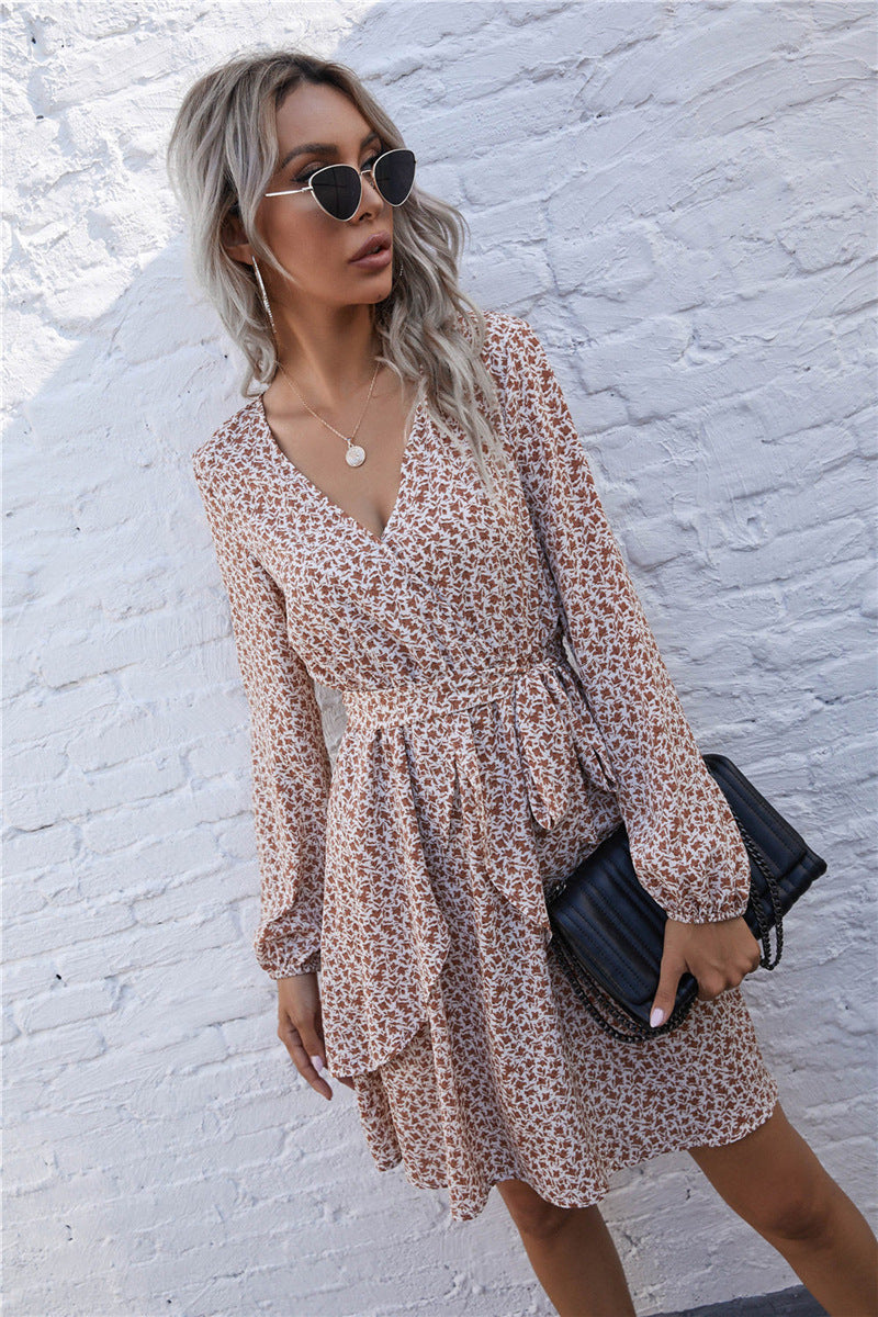 Deep V Neck Long Bishop Sleeve Tie Waist Ditsy Floral Mini Dress