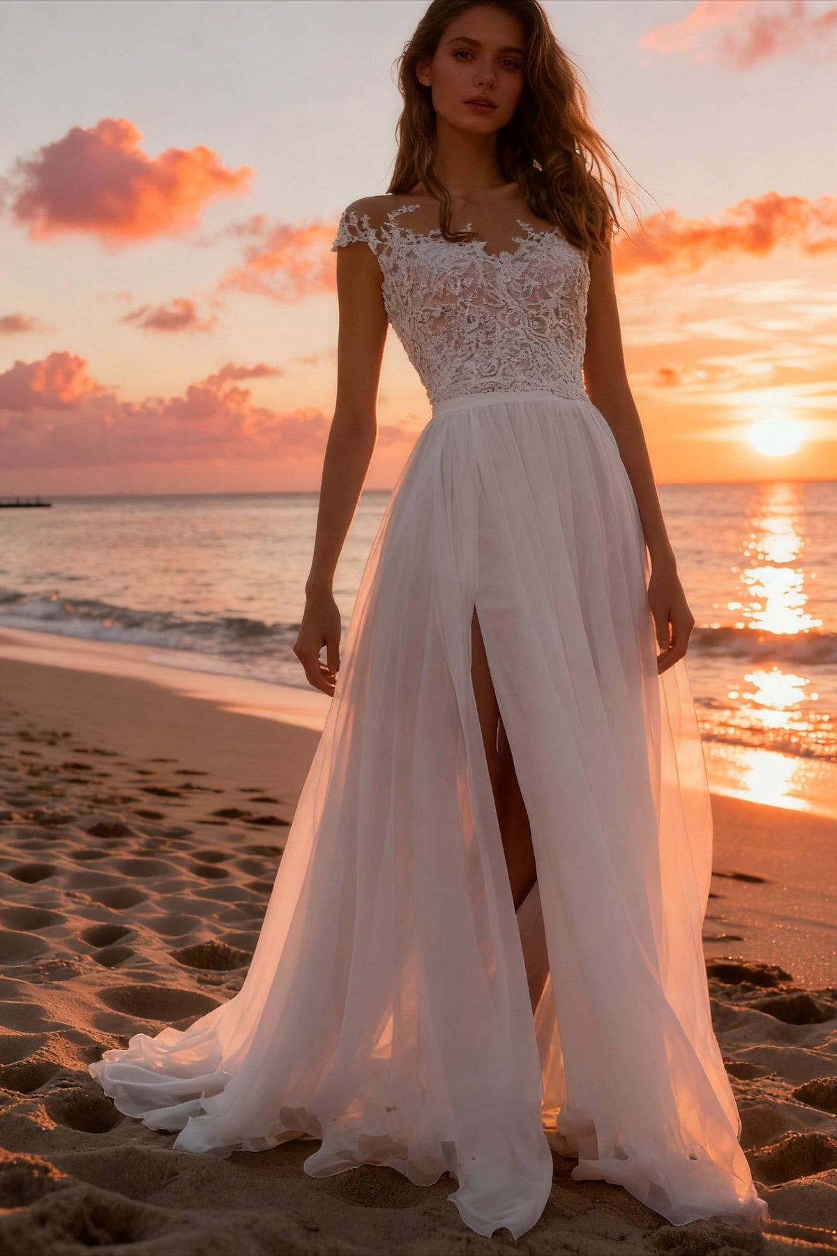 Lace Illusion Cap Sleeve Floral Applique Bodice High Slit Chiffon Maxi Gown