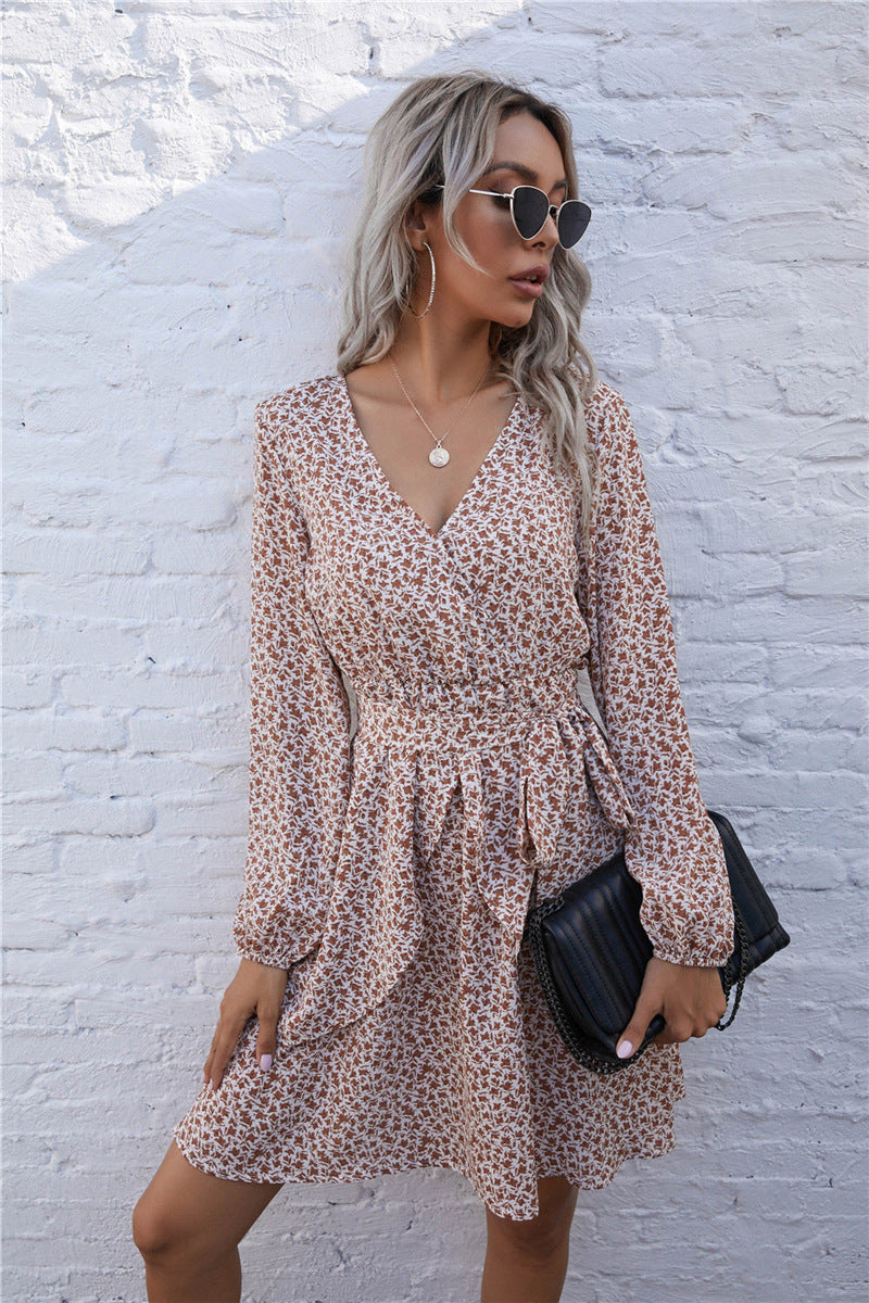 Deep V Neck Long Bishop Sleeve Tie Waist Ditsy Floral Mini Dress