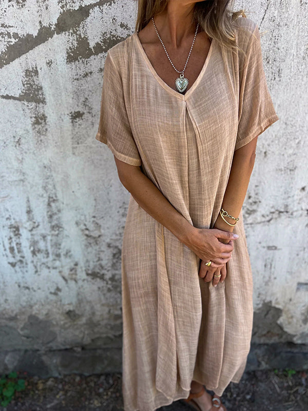 Crinkled Gauze V-Neck Short Sleeve Oversized Relaxed Maxi Dress