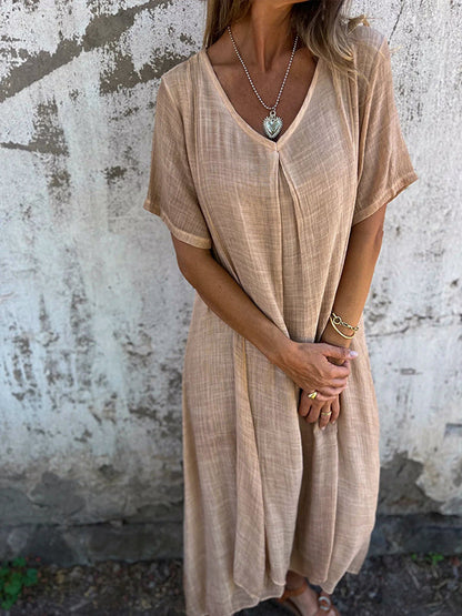 Crinkled Gauze V-Neck Short Sleeve Oversized Relaxed Maxi Dress