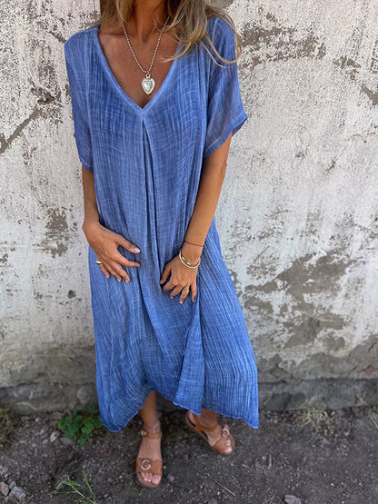 Deep V-Neck Short Sleeve Crinkle Gauze Flowy Midi Maxi Dress
