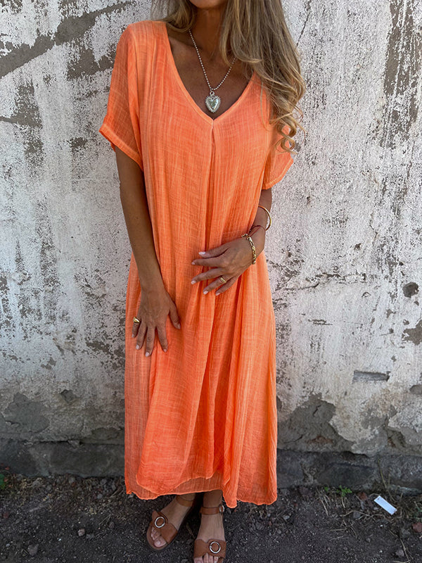 Deep V-Neck Short Sleeve Crinkle Gauze Flowy Midi Maxi Dress