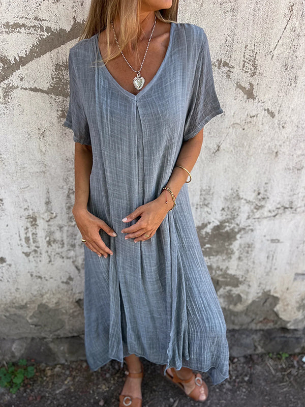 Crinkled Gauze V-Neck Short Sleeve Oversized Relaxed Maxi Dress
