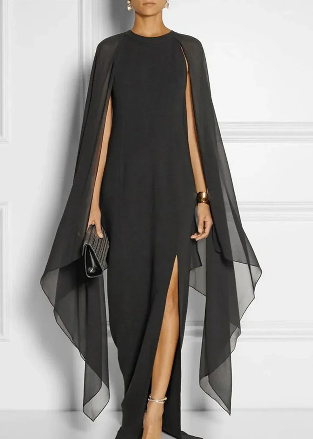 Round Neck Side Slit Cape Sleeve Sheath Maxi Dress
