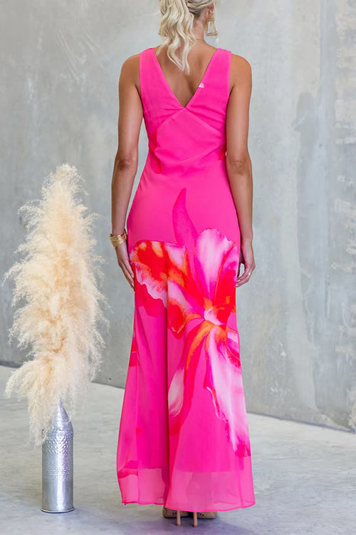 V Neck Sleeveless Floral Print Maxi Dress