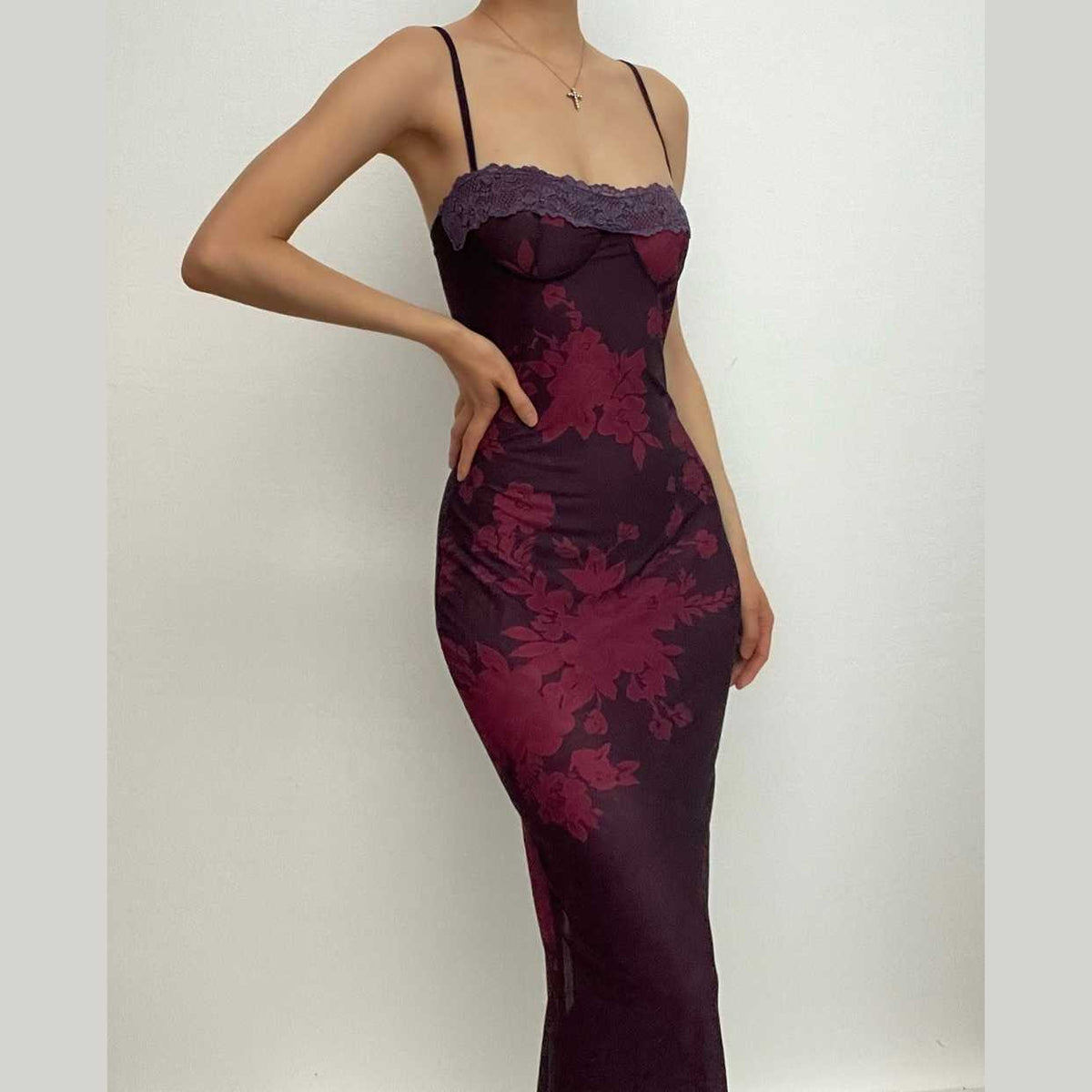 Floral Print Lace Trim Bustier Spaghetti Strap Bodycon Maxi Slip Dress