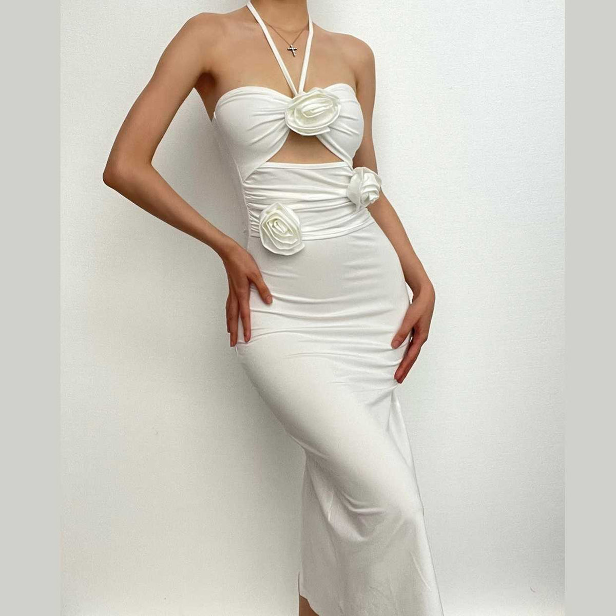 Halter 3D Floral Applique Diamond Cutout Side Ruching Flower Trim Maxi Dress