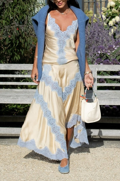 High Rise Color Block Lace Trim Satin Maxi Skirt