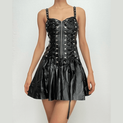 Faux Leather Sweetheart Zip Front Lace Up Side Pleated Mini Dress