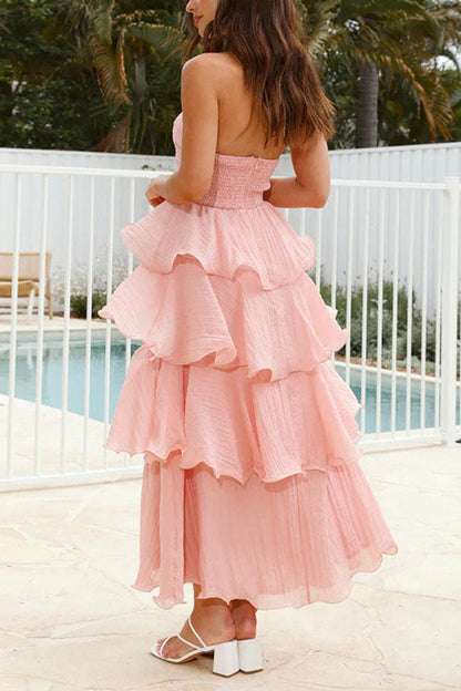 Strapless Empire Waist Ruffle Layered Maxi Dress
