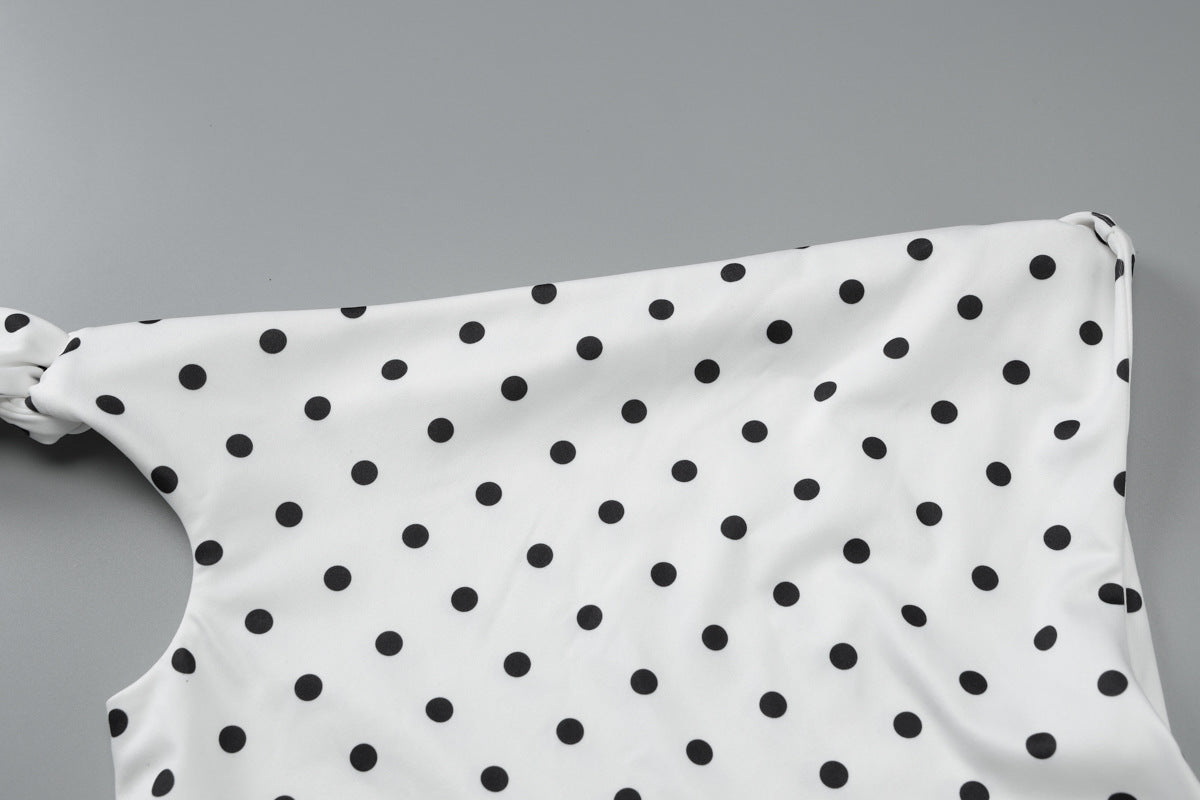 One Shoulder Tie Bow Sleeve Polka Dot Bodycon Mini Dress