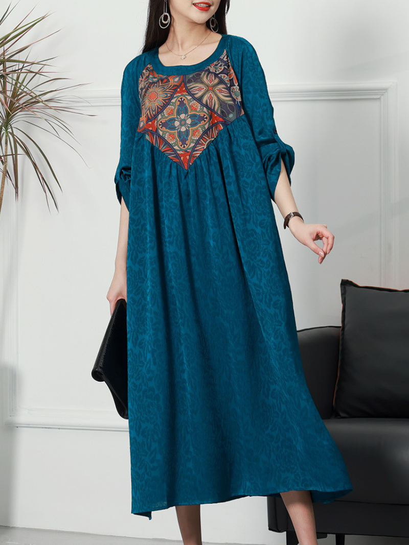 Scoop Neck Embroidered Medallion Roll Tab Sleeve Maxi Kaftan Dress