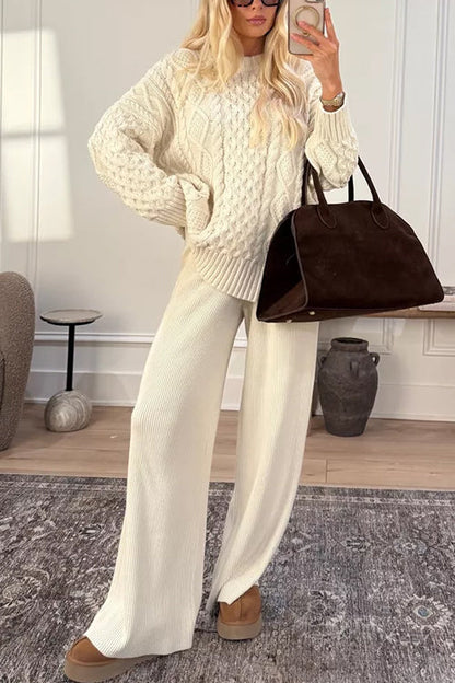 Drawstring Waist Ribbed Knit Wide Leg Pants